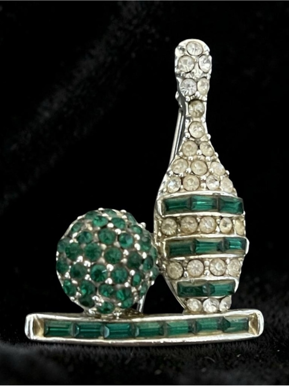 Vintage Bowling Ball & Pin Green Rhinestone Brooch, Rhodium Plated Retro Unique